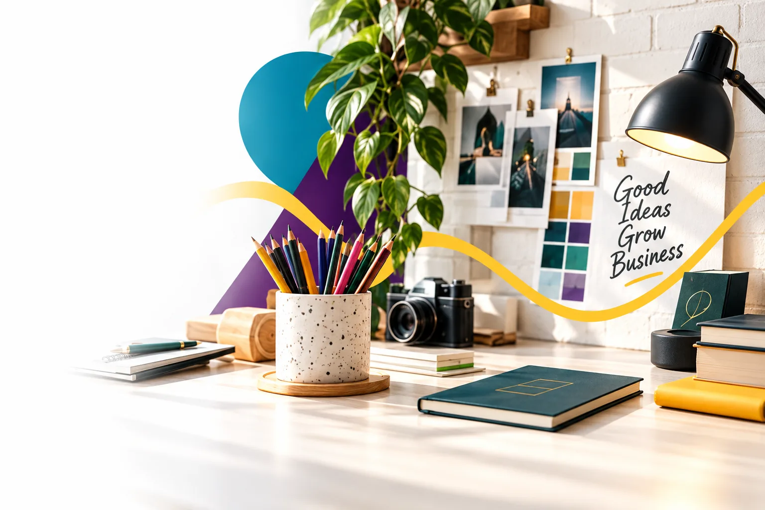 Creative workspace with pencils, camera and inspiration board