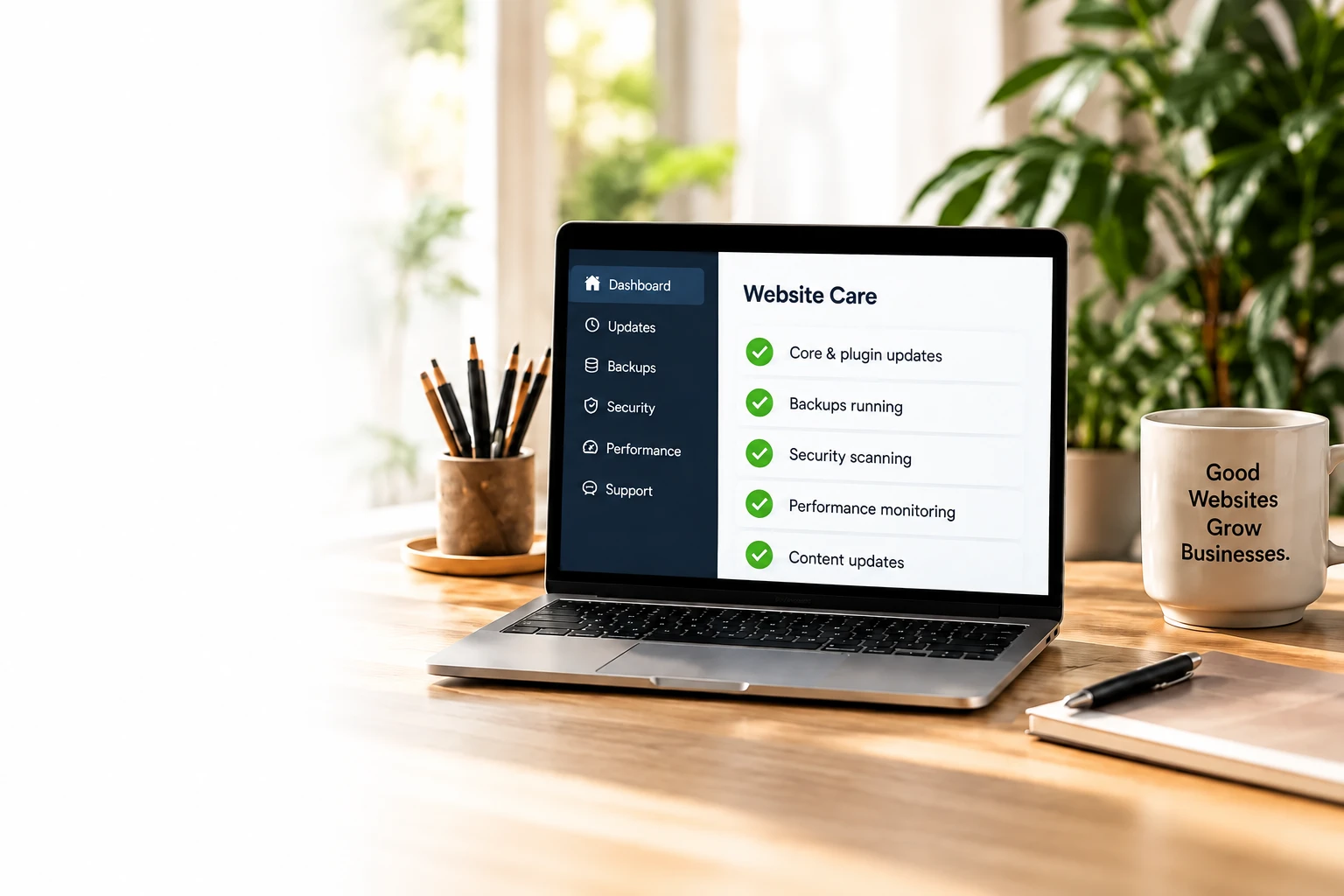 Website care dashboard on a laptop