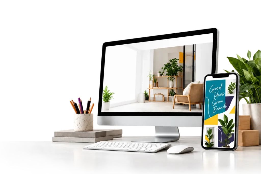 Desktop website and mobile design with creative workspace