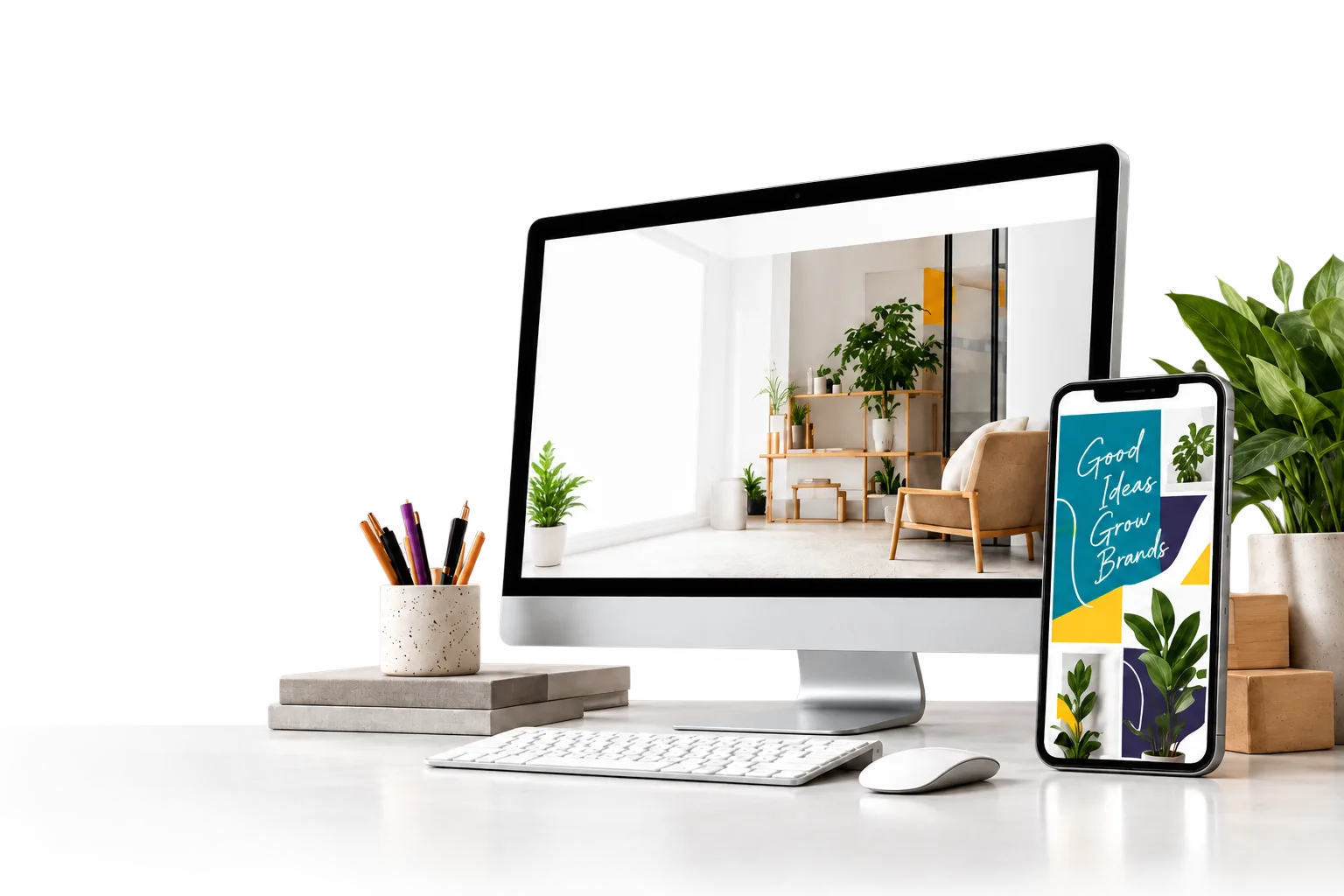 Desktop website and mobile design with creative workspace