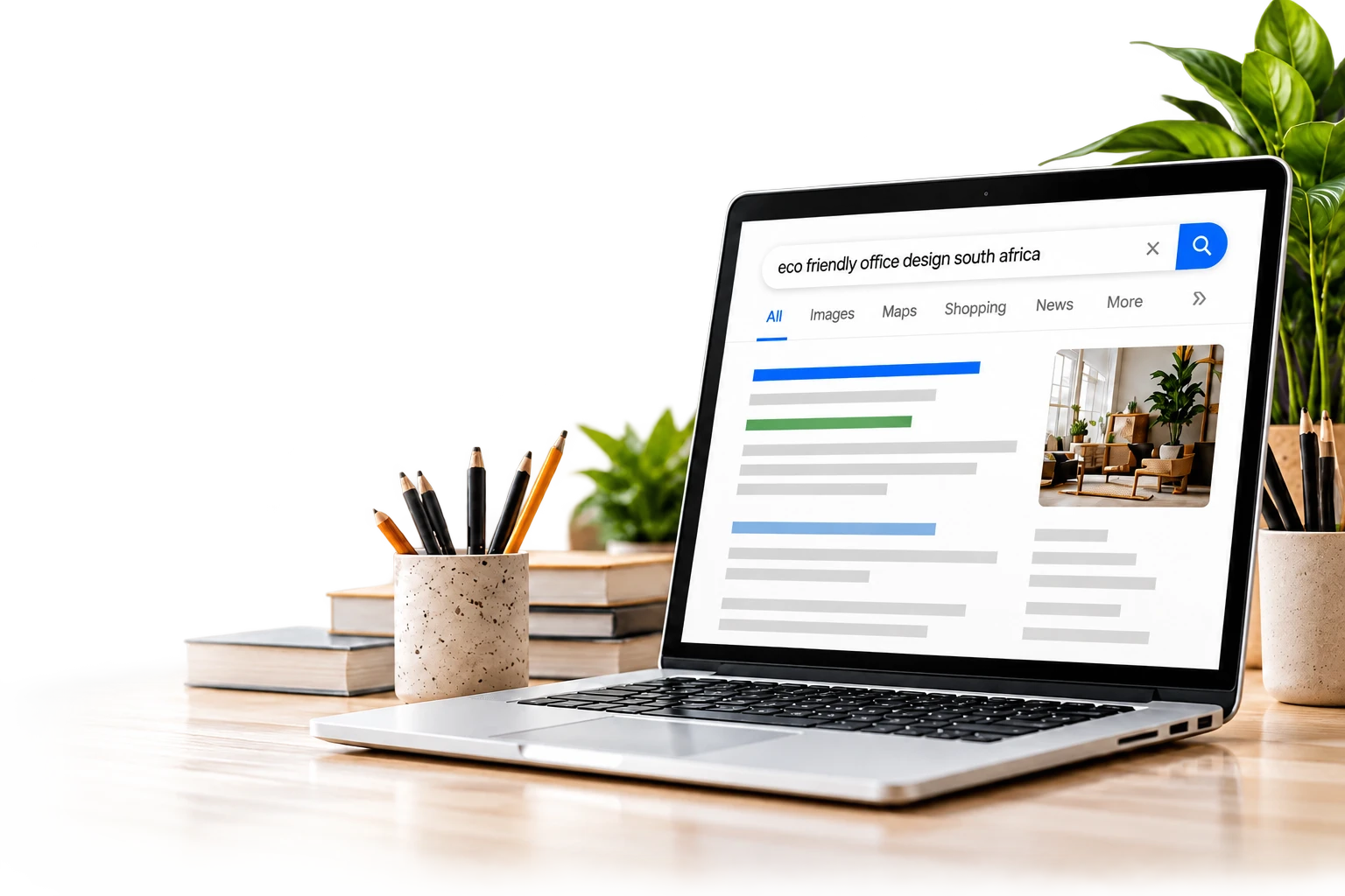 Laptop displaying search results for an eco-friendly office design business
