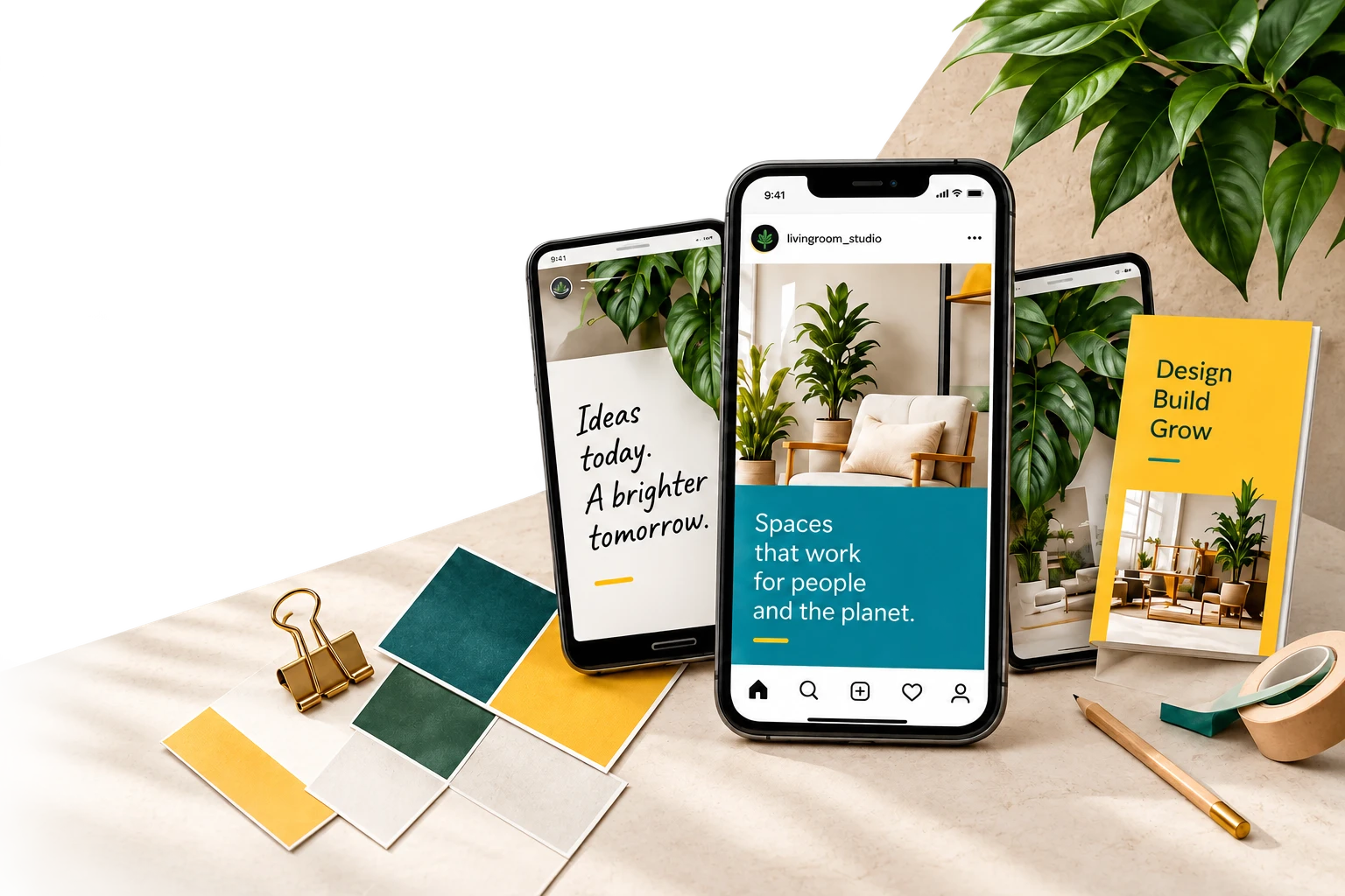 Social media designs displayed on mobile devices
